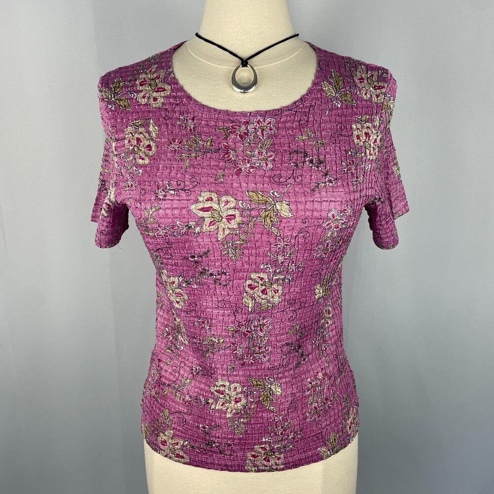Y2K Top Size Medium Petite MP Purple Floral Popcorn Stretch Whimsigoth Fairy
